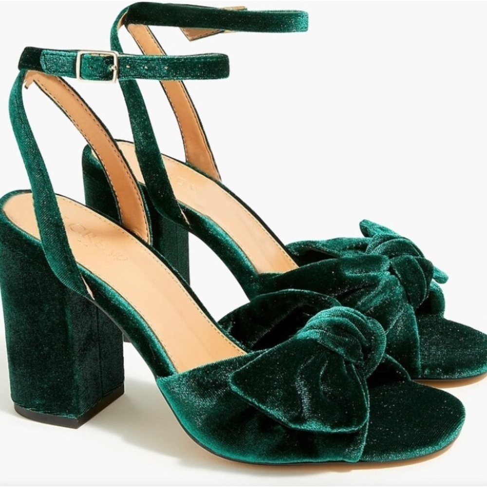 J crew size 9 block heel emerald green velvet knot ankle strap holiday BL574 - Picture 1 of 5